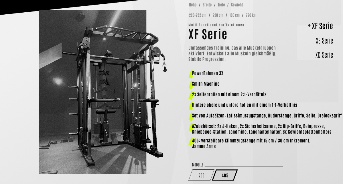 Krypton Sport XF-405 PRO MAX multi-gym con macchina Smith, 3 blocchi di peso da 120 kg, lat pulldown, dip, landmine, bracci di leva, peso totale 770 kg, nero opaco